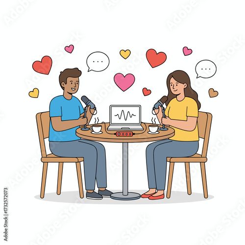 Illustration concept for a live broadcast event: a flat illustration set against a white background