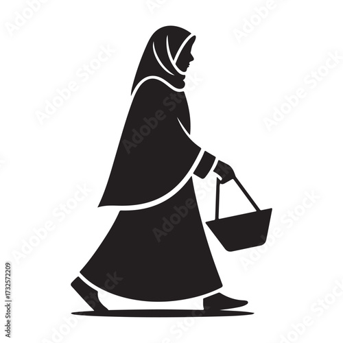 A woman wearing a hijab and abaya walks with a basket in a simple black silhouette