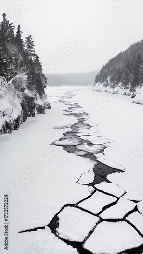 Snowy river cutting through trees with ice floes on the surface, overcast day