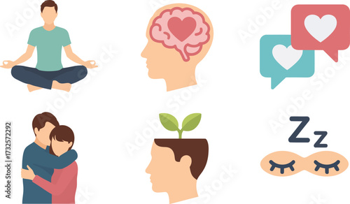 Vector art of set of icons representing mental health, wellness, and relationships