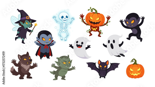 Halloween Characters Set: A charming ensemble of cartoonish Halloween characters, meticulously illustrated, ready to add a touch of spooky delight to your projects.