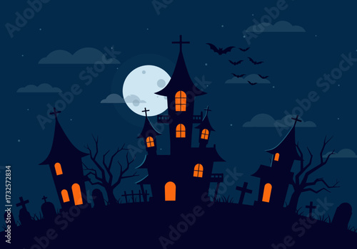 A spooky haunted mansion with glowing windows under a full moon, surrounded by a graveyard and bats flying in the night sky.