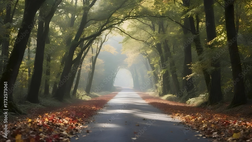 Obraz premium 秋の森の道 紅葉 太陽光 白い霧 風景