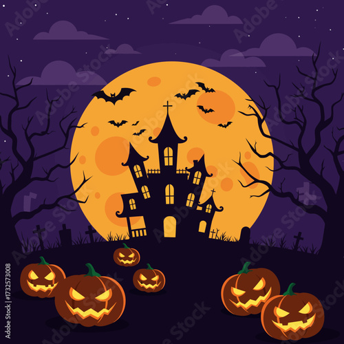 A spooky Halloween scene with a haunted house, jack-o'-lanterns, and bats against a large full moon.