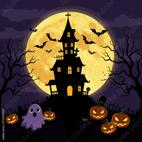 A spooky Halloween night scene featuring a haunted house, full moon, bats, and pumpkins.