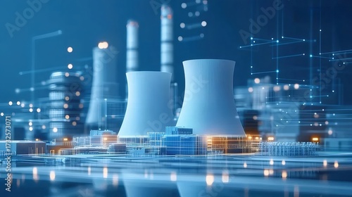 原子力発電所 青い色調と現代的な建築構造