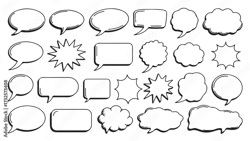 Obraz premium Collection of hand-drawn speech bubbles vector illustration of diverse shapes for chat and communication isolated on white background