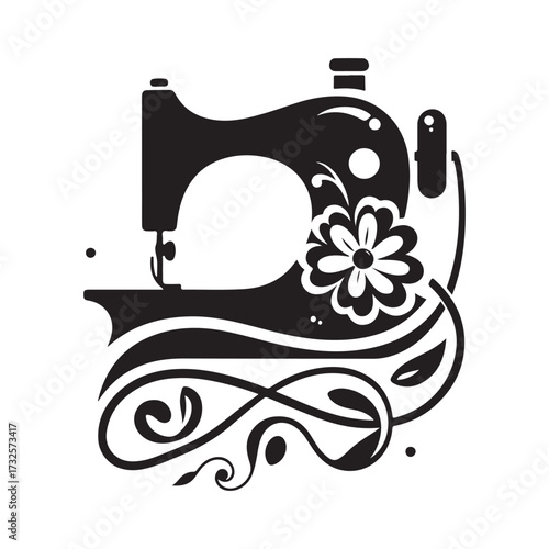 Sewing machine with thread looping to flower vector silhouette outline logo design concept illustration