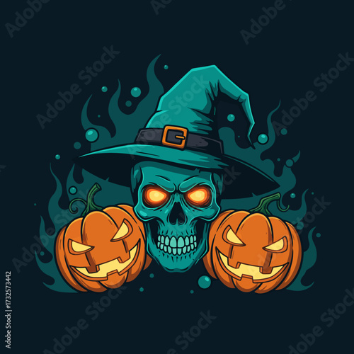 A spooky teal skull with glowing eyes wearing a witch hat between two jack-o'-lanterns.
