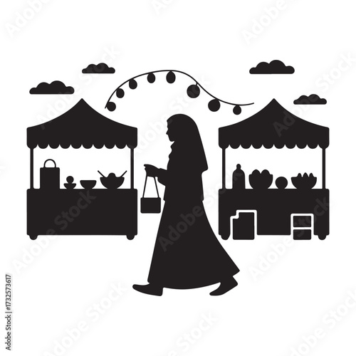 Woman walking through a vibrant outdoor market with stalls and string lights silhouette