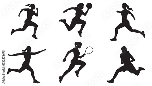 Set of female athlete silhouettes running and playing sports vector illustration for fitness and active lifestyle concepts