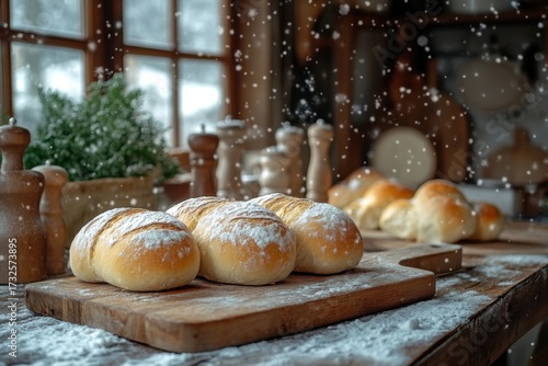 Bread on wooden cutting board.