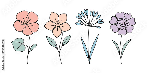 Doodle flowers set. Boho floral sketches