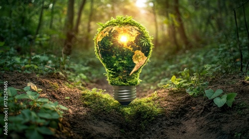 Eco friendly lightbulb concept in forest representing green energy and nature