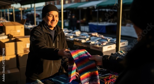 Wallpaper Mural Friendly Male Vendor Sells Colorful Woven Textile at Sunny Outdoor Market Stall. Torontodigital.ca