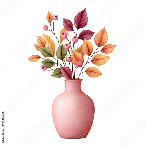 Autumn Leaves and Berries in Pink Vase on White Background Artistic Composition