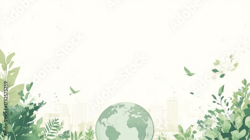 Earth globe with greenery and birds environmental concept design