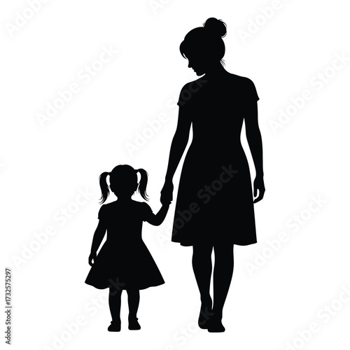 Silhouette of mother and daughter walking hand in hand together forever bond of love and family togetherness silhouette
