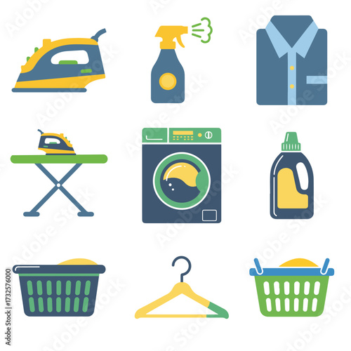 Icons Laundry and ironing tasks and equipment.