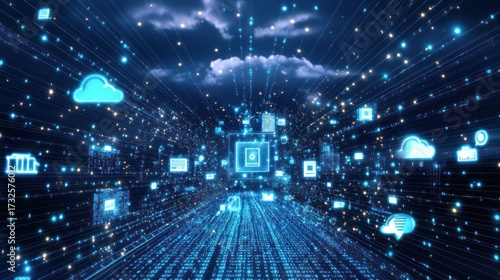 Digital cloud computing concept with data flow and network connections