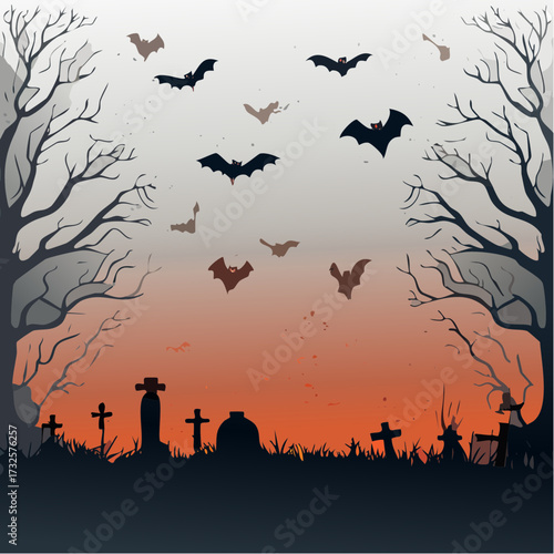 A spooky Halloween night scene with bats flying in the sky over a graveyard