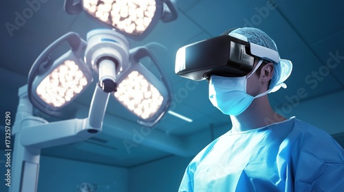 Surgeon wearing virtual reality headset in operating room