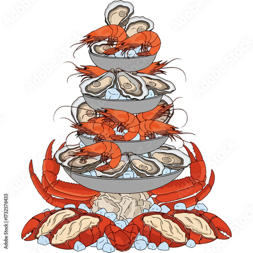 A collection of fresh shellfish, this seafood tower design features shrimp, oysters, and crabs. The artwork is perfect for seafood markets, fishmonger branding, and culinary festival posters.