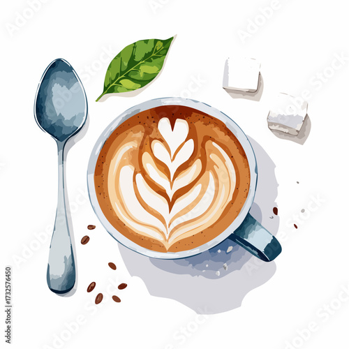 A delightful overhead view of a creamy latte with intricate latte art, a spoon, sugar cubes, and scattered coffee beans on a clean white background, perfect for cafe and coffee shop promotions