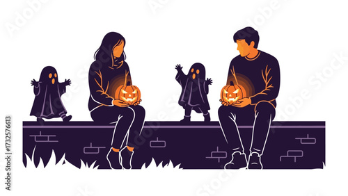 Halloween Family Gathering: A family gathers, illuminated by the soft glow of carved pumpkins. This is a perfect scene evoking the spirit of Halloween and family fun.