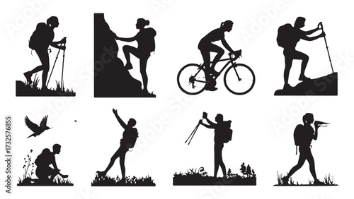 Set of outdoor activity icons featuring hiking climbing and cycling simple vector silhouettes for adventure and recreation concepts