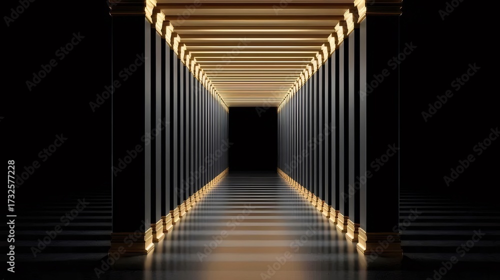Fototapeta premium 黒とゴールドの柱が並ぶ廊下 暗闇に光る抽象的な構造