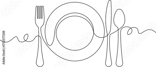 One Line Art Dining Set - Minimalist Continuous Line Drawing of Plate, Fork, and Spoon