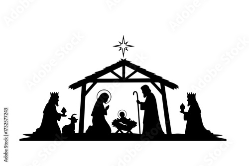 Christmas Scene Nativity Silhouette Clip Art: Design for Scrapbook, Manger, Holy Family, Jesus, Mary, Joseph, Wise Men, Star, Holiday.