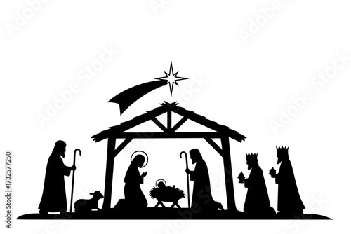 Christmas Scene Nativity Silhouette Clip Art: Design for Scrapbook, Manger, Holy Family, Jesus, Mary, Joseph, Wise Men, Star, Holiday.