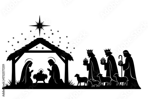 Christmas Scene Nativity Silhouette Clip Art: Design for Scrapbook, Manger, Holy Family, Jesus, Mary, Joseph, Wise Men, Star, Holiday.
