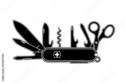 Pocket Swiss Army Knife Icon: Multi-tool, Utility, Survival, Camping, Outdoor Gear, Adventure, Travel, Cutlery, Vector.