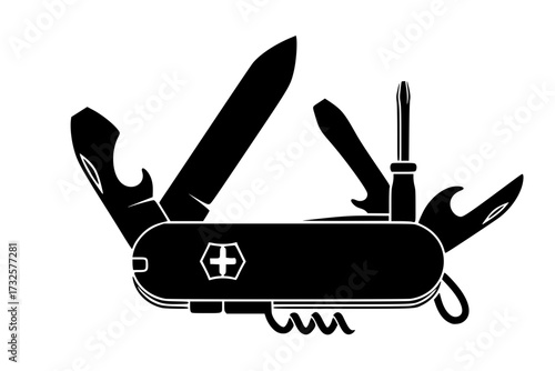 Pocket Swiss Army Knife Icon: Multi-tool, Utility, Survival, Camping, Outdoor Gear, Adventure, Travel, Cutlery, Vector.