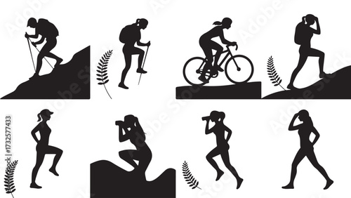 Set of outdoor activity silhouettes including hiking biking running and photography vector illustration for adventure and recreation concepts