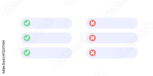 Blank label list with green tick check mark and cross mark template. Schedule, plan, progress, business, note, reminder, task, assessment concepts. Flat vector design isolated illustration.
