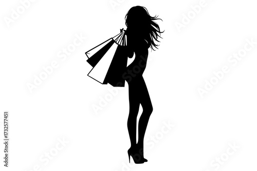 Black Silhouette Woman Holding Shopping Bags: Isolated Over White Background, Vector Illustration, Retail, Sale, Consumerism, Fashion, Buyer.