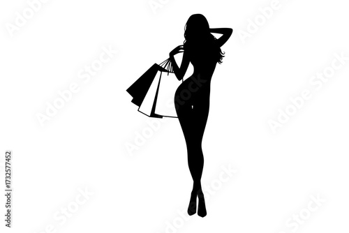 Black Silhouette Woman Holding Shopping Bags: Isolated Over White Background, Vector Illustration, Retail, Sale, Consumerism, Fashion, Buyer.