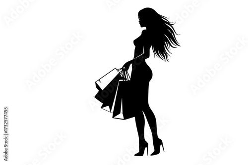 Black Silhouette Woman Holding Shopping Bags: Isolated Over White Background, Vector Illustration, Retail, Sale, Consumerism, Fashion, Buyer.