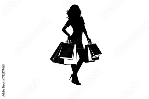 Black Silhouette Woman Holding Shopping Bags: Isolated Over White Background, Vector Illustration, Retail, Sale, Consumerism, Fashion, Buyer.