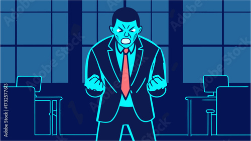 Vector illustration of a furious businessman shouting in a blue-toned office, a concept for workplace stress, professional burnout, and corporate rage