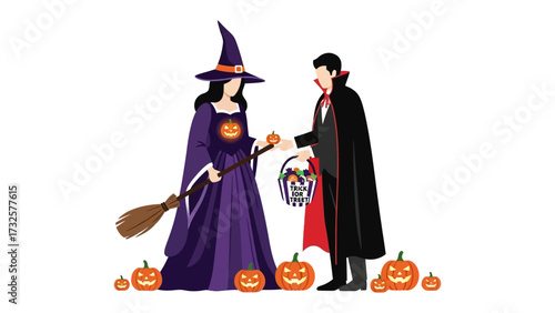 Spooky Night of Mischief: A festive Halloween scene, featuring a witch and a vampire exchanging treats, surrounded by carved pumpkins under a starlit sky, full of spooky atmosphere and fun.