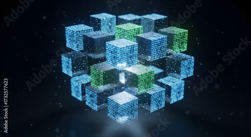 Dynamic visualization of an abstract digital network, showcasing interconnected glowing cubical elements representing data and technological advancement