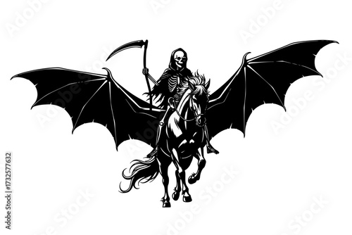Halloween Skeleton Rider Silhouette: Spooky Vector, Bat Horse, Horror, Undead, Gothic, Night, Cemetery, Fantasy.