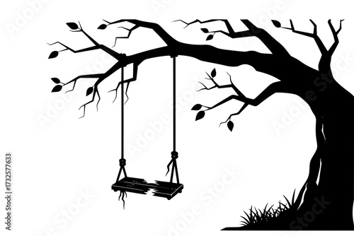 Broken Swing in Tree: Halloween Silhouette Vector, Spooky, Abandoned, Gothic, Horror, Dark, Night, Creepy, Forest.