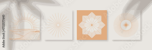 A series of elegant sun motifs represented through abstract linear designs, presenting a serene aesthetic that invites viewers into a calming and artistic experience.
