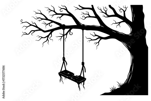 Broken Swing in Tree: Halloween Silhouette Vector, Spooky, Abandoned, Gothic, Horror, Dark, Night, Creepy, Forest.